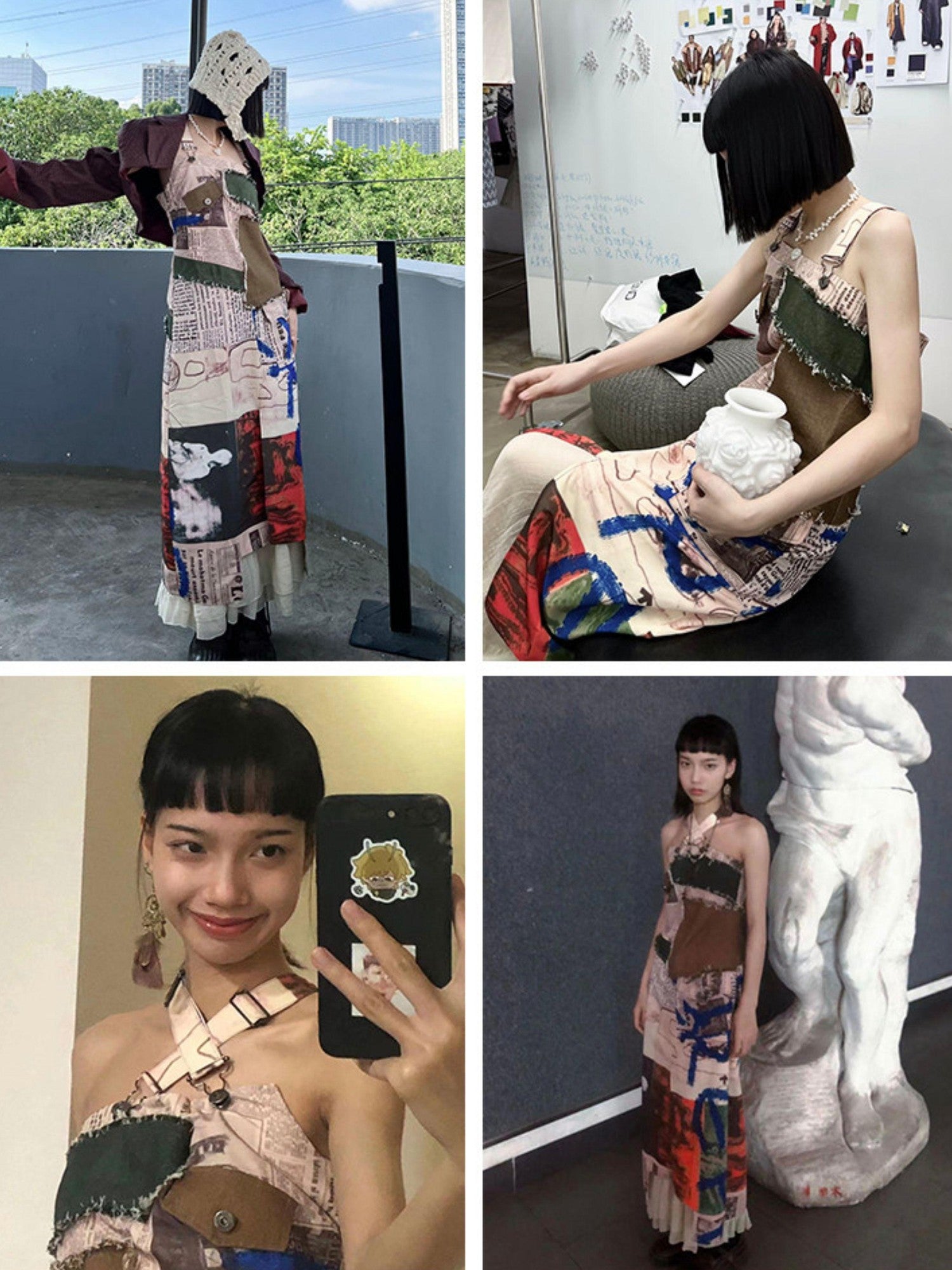 NextPassport MOF Newspaper Graffiti Patchwork Side Slit Square Neck Women's Slip Midi Dresses