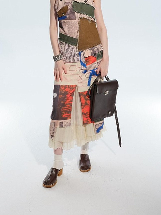 NextPassport MOF Newspaper Graffiti Patchwork Side Slit Square Neck Women's Slip Midi Dresses
