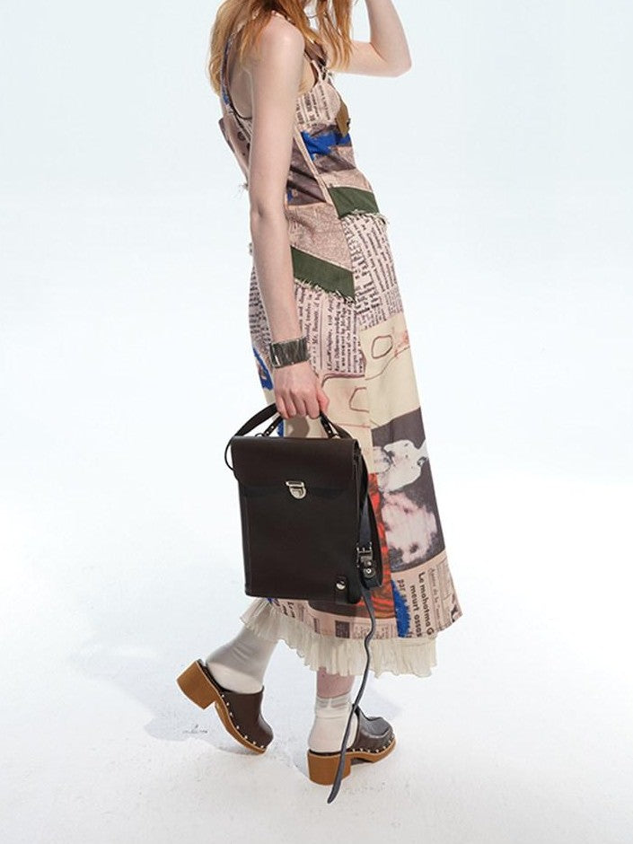 NextPassport MOF Newspaper Graffiti Patchwork Side Slit Square Neck Women's Slip Midi Dresses