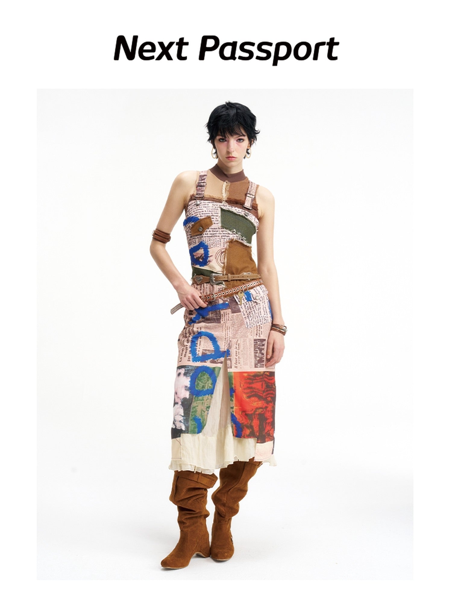 NextPassport MOF Newspaper Graffiti Strappy Slit Women's Polyester Slip Midi Dresses
