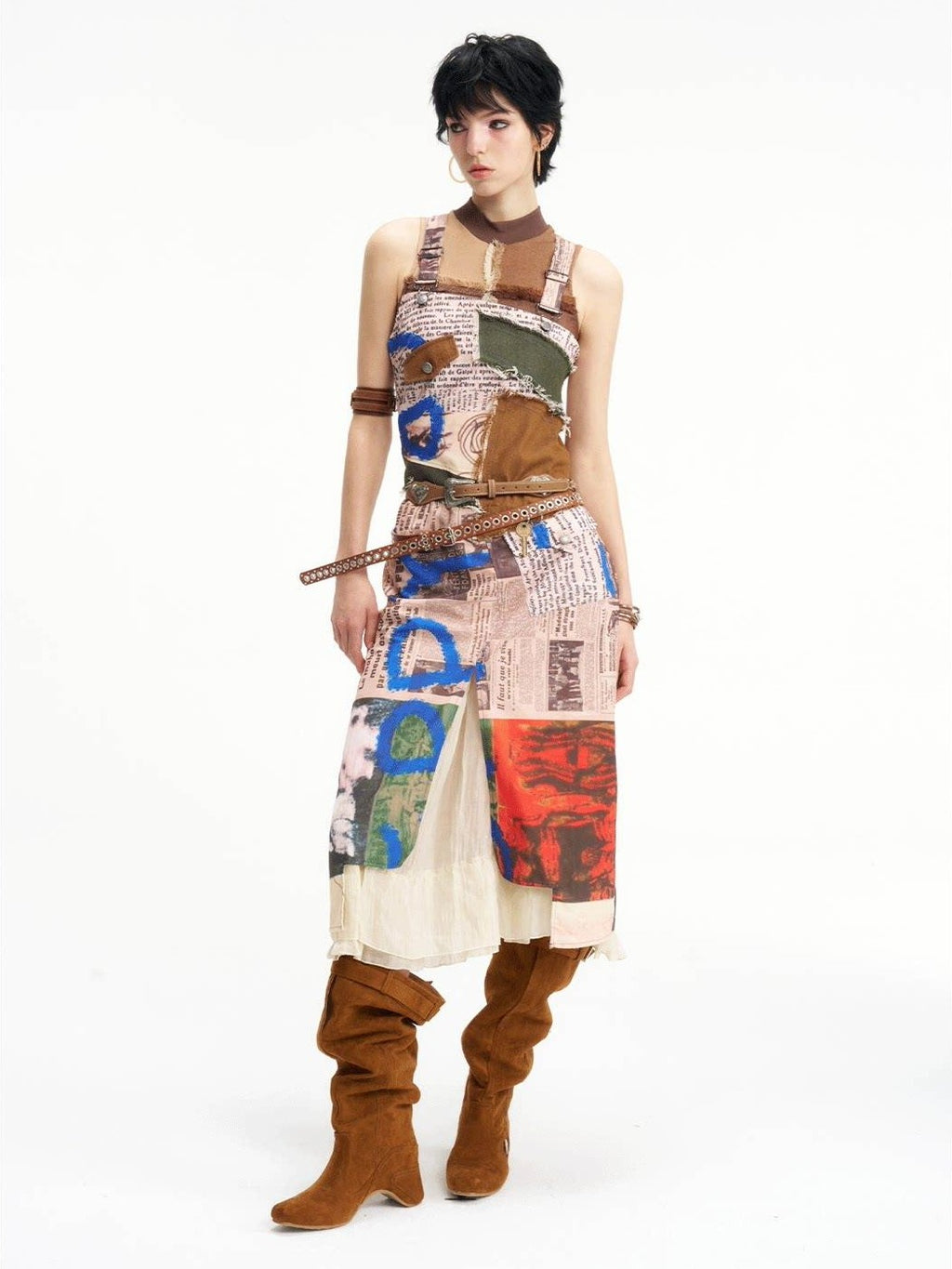 NextPassport MOF Newspaper Graffiti Strappy Slit Women's Polyester Slip Midi Dresses