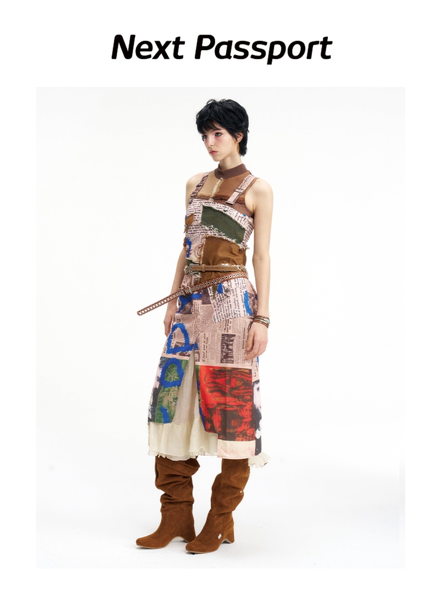 NextPassport MOF Newspaper Graffiti Strappy Slit Women's Polyester Slip Midi Dresses
