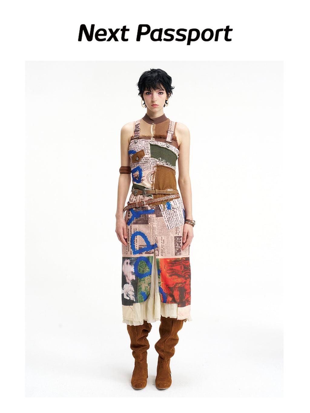 NextPassport MOF Newspaper Graffiti Strappy Slit Women's Polyester Slip Midi Dresses