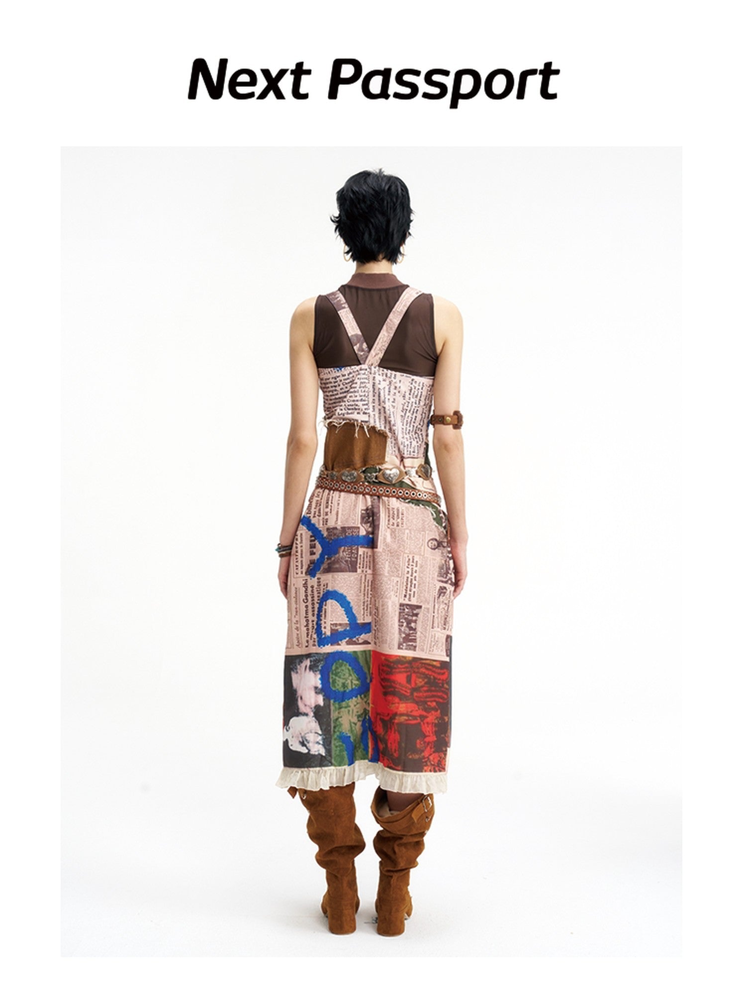 NextPassport MOF Newspaper Graffiti Strappy Slit Women's Polyester Slip Midi Dresses
