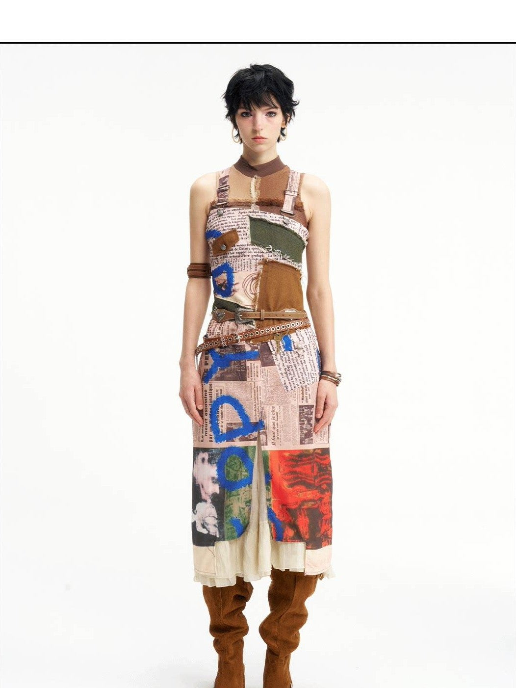 NextPassport MOF Newspaper Graffiti Strappy Slit Women's Polyester Slip Midi Dresses