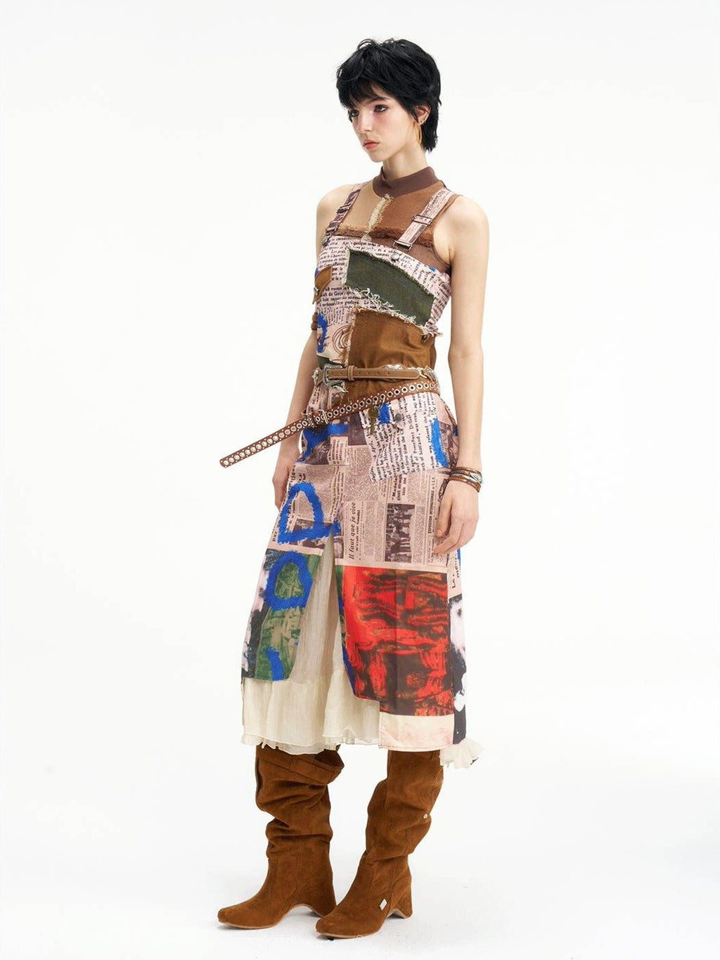 NextPassport MOF Newspaper Graffiti Strappy Slit Women's Polyester Slip Midi Dresses