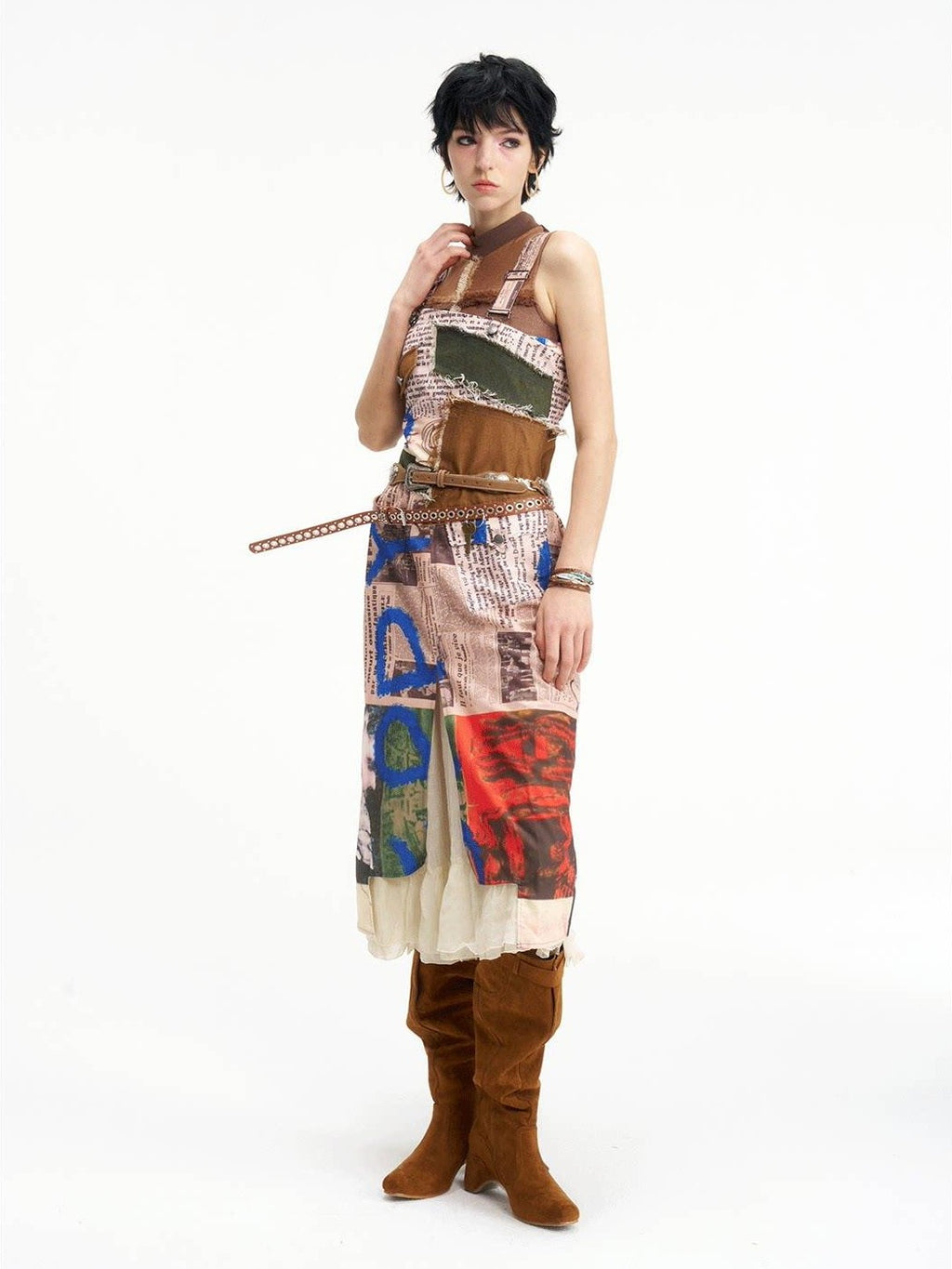 NextPassport MOF Newspaper Graffiti Strappy Slit Women's Polyester Slip Midi Dresses