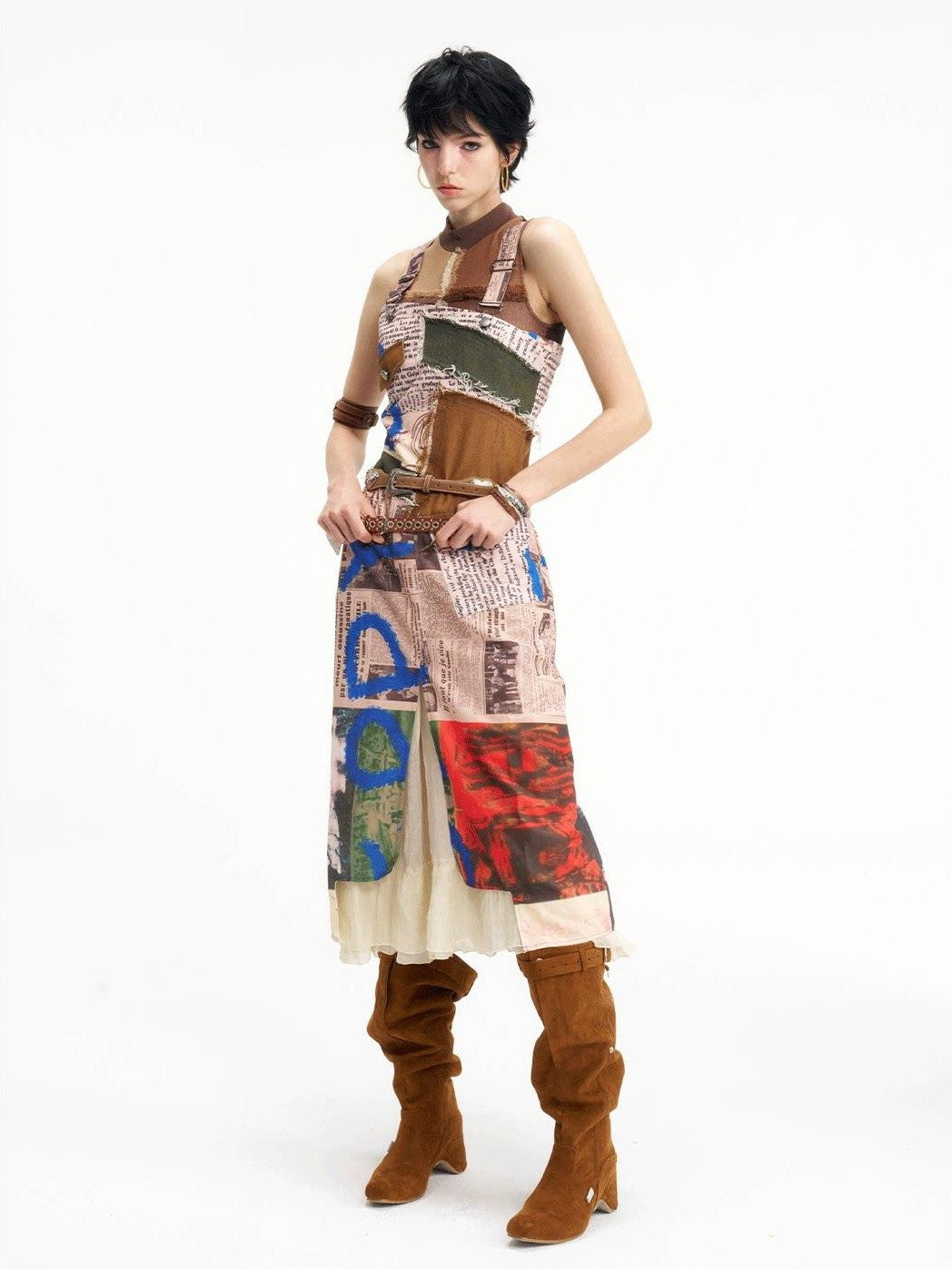 NextPassport MOF Newspaper Graffiti Strappy Slit Women's Polyester Slip Midi Dresses