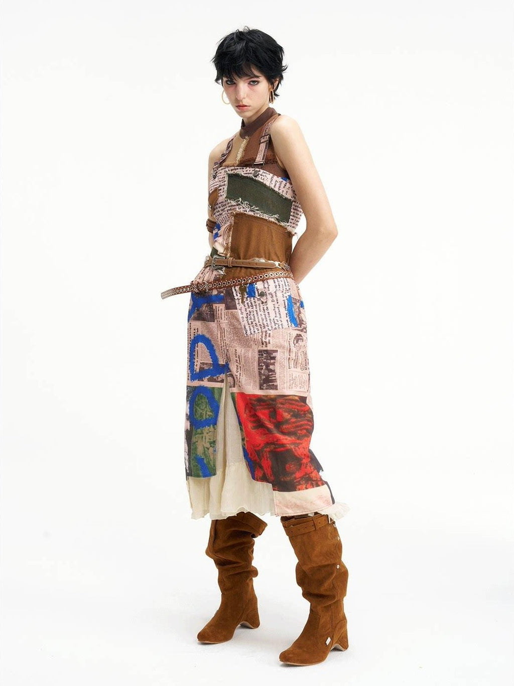 NextPassport MOF Newspaper Graffiti Strappy Slit Women's Polyester Slip Midi Dresses
