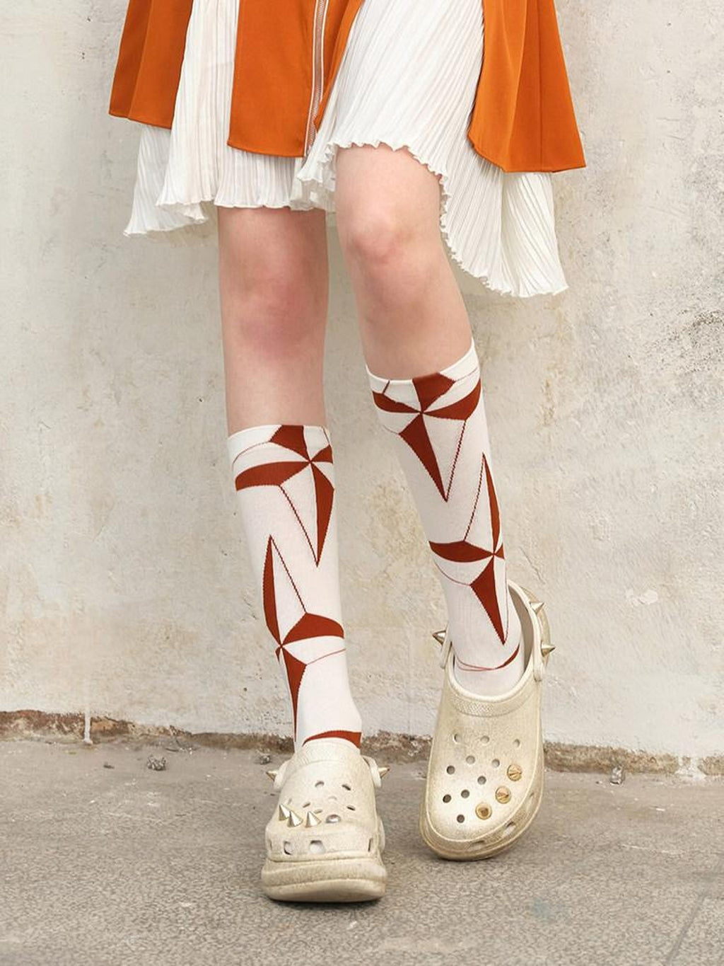 NextPassport MOF Orange White Colorblock Diamond Lace Up Pattern Women's Crew Socks