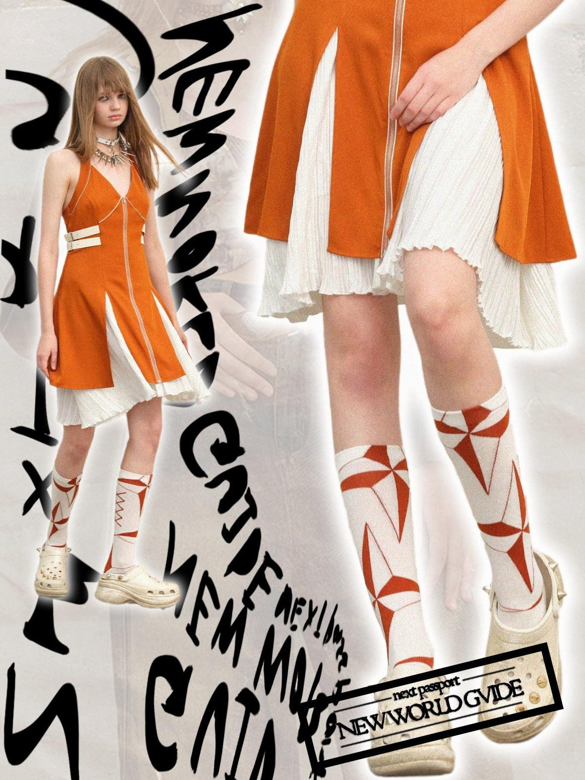 NextPassport MOF Orange White Colorblock Diamond Lace Up Pattern Women's Crew Socks