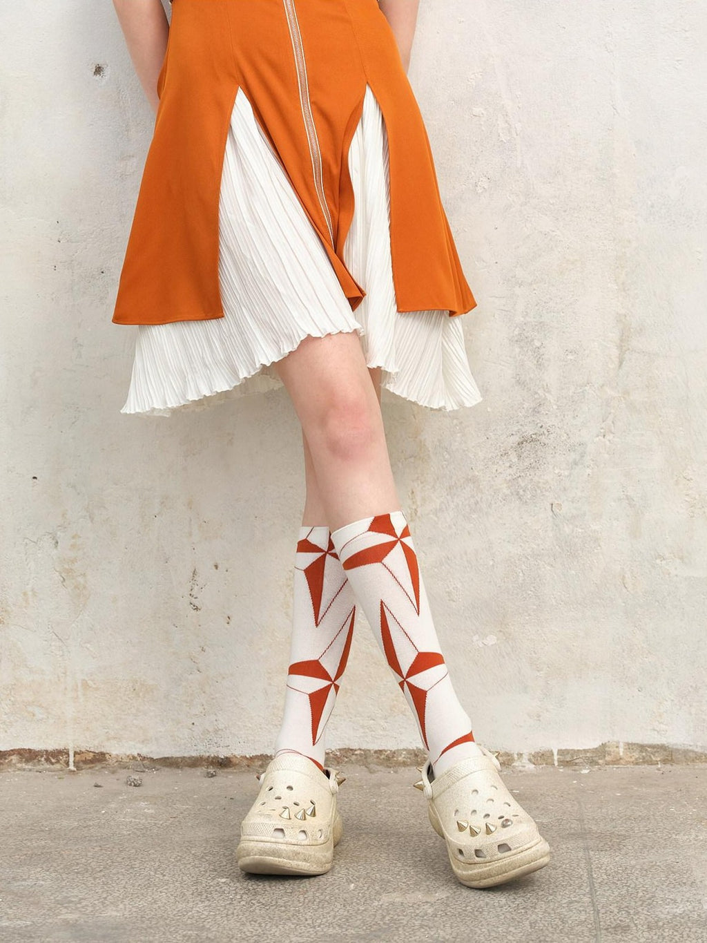 NextPassport MOF Orange White Colorblock Diamond Lace Up Pattern Women's Crew Socks