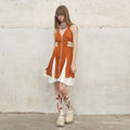 NextPassport_MOF_Orange_White_Contrast_Side_Slit_Faux_Two_Piece_Women's_Halter_Midi_Dresses_729577230972_MISSTT