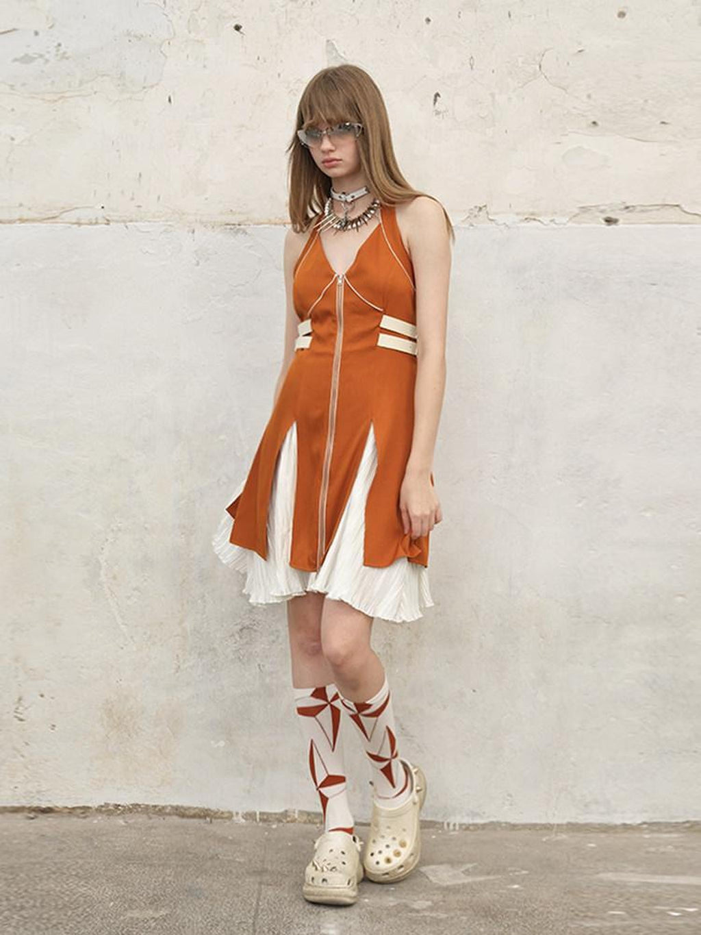 NextPassport MOF Orange White Contrast Side Slit Faux Two Piece Women's Halter Midi Dresses