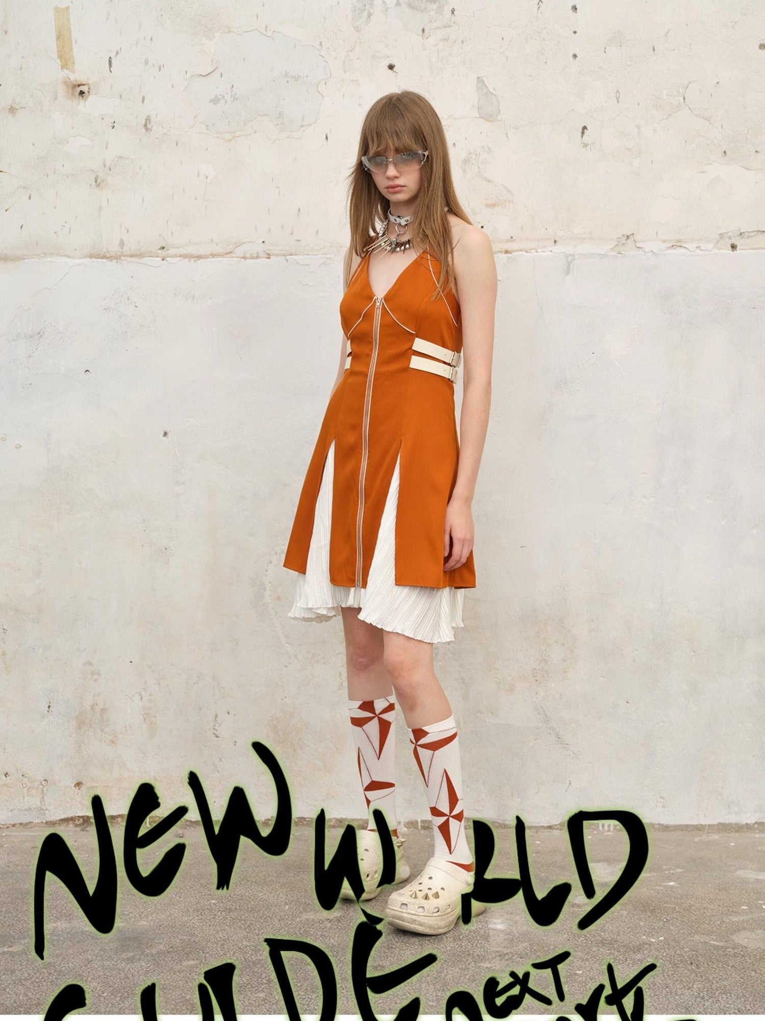 NextPassport MOF Orange White Contrast Side Slit Faux Two Piece Women's Halter Midi Dresses