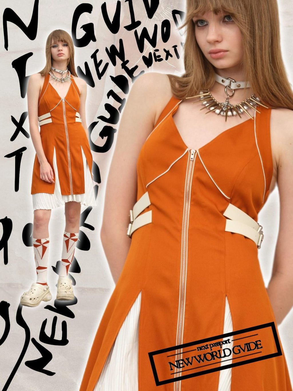 NextPassport MOF Orange White Contrast Side Slit Faux Two Piece Women's Halter Midi Dresses