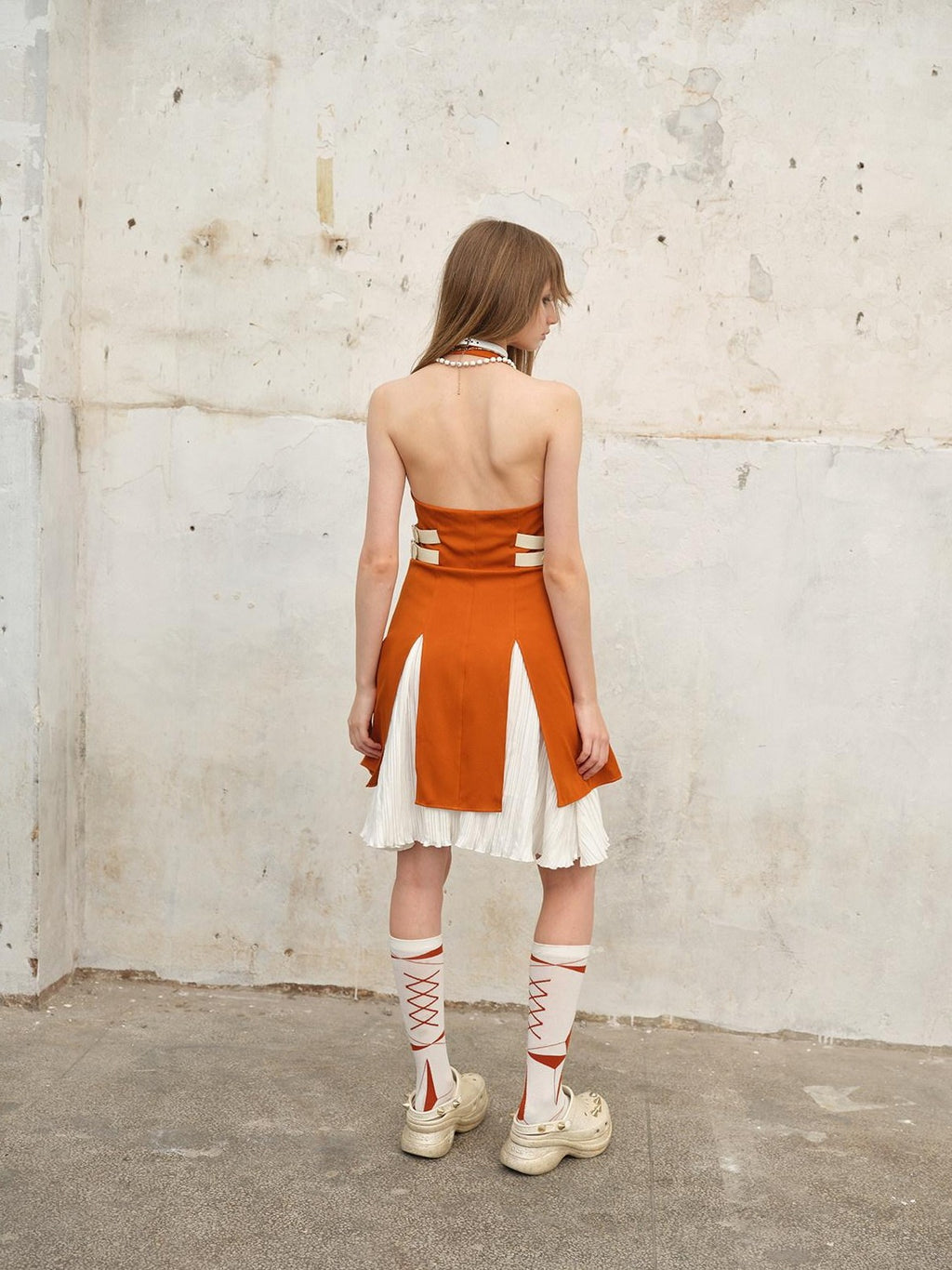 NextPassport MOF Orange White Contrast Side Slit Faux Two Piece Women's Halter Midi Dresses