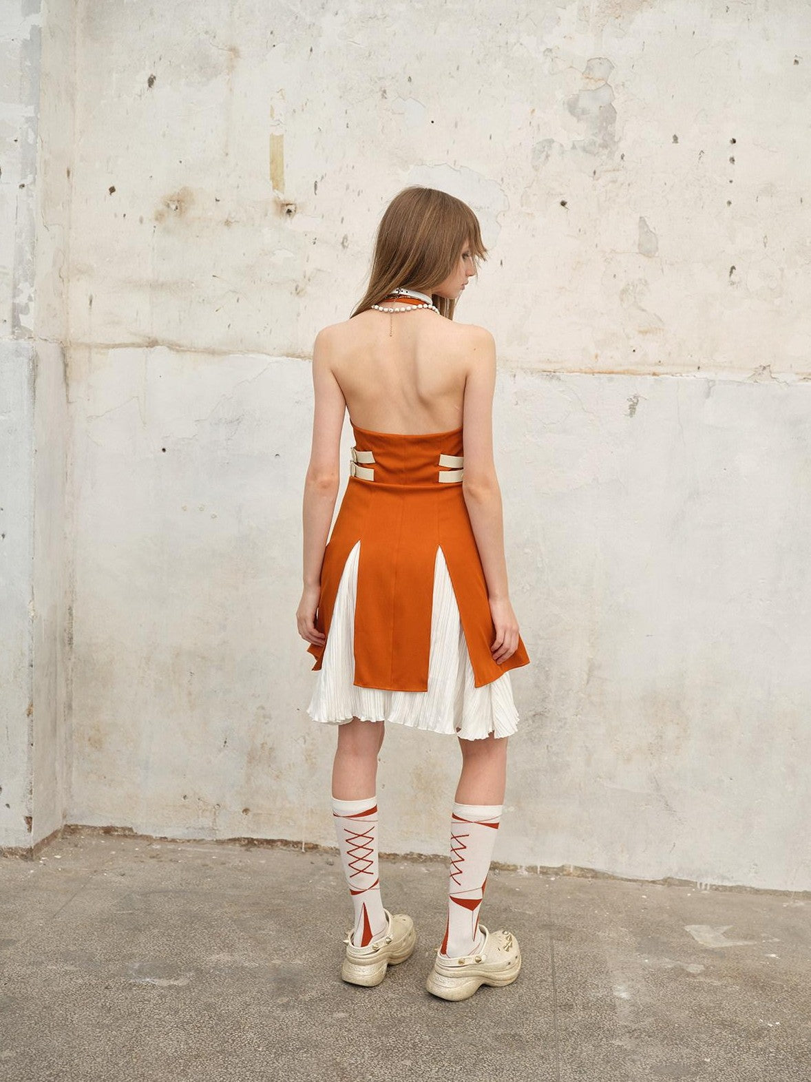NextPassport MOF Orange White Contrast Side Slit Faux Two Piece Women's Halter Midi Dresses