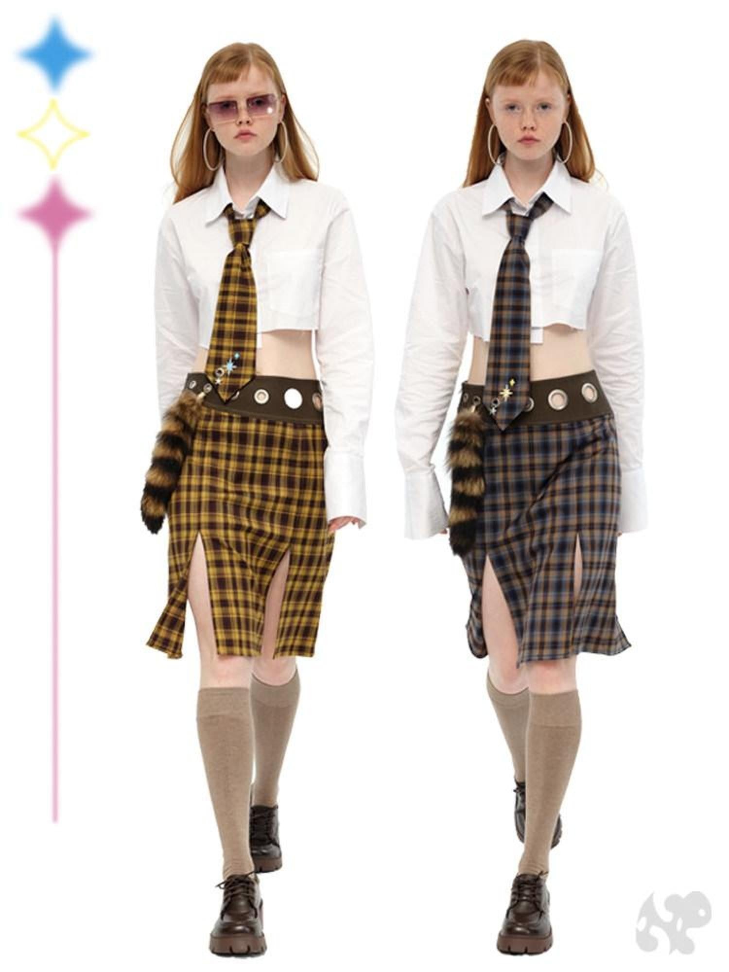 NextPassport MOF Plaid Contrast Leather Panel Faux Fur Pendant Women's Polyester Midi Skirts