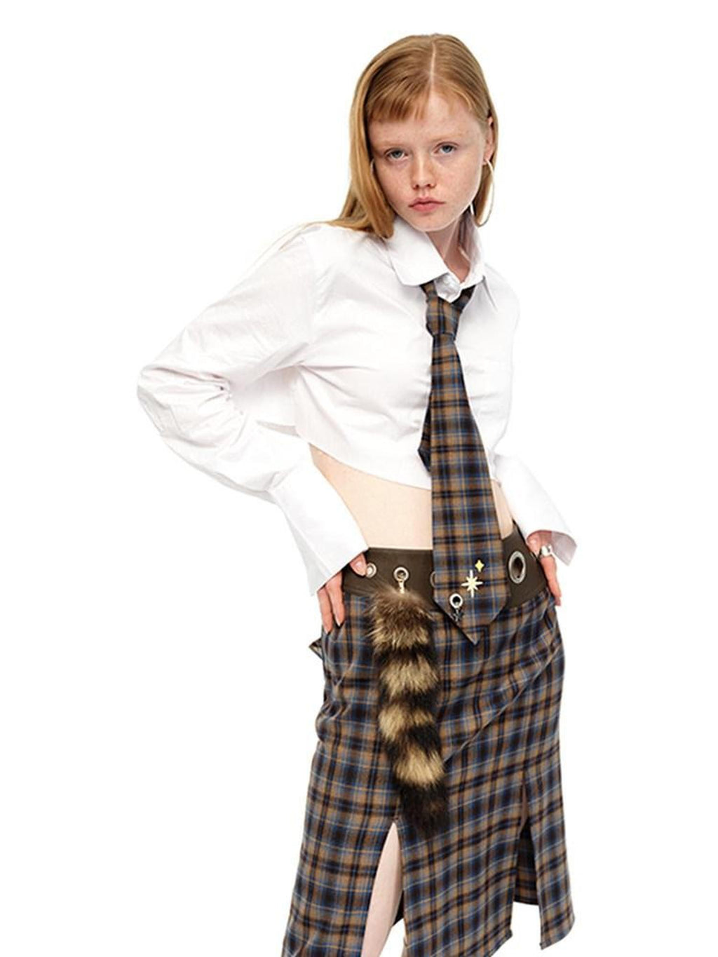 NextPassport MOF Plaid Contrast Leather Panel Faux Fur Pendant Women's Polyester Midi Skirts