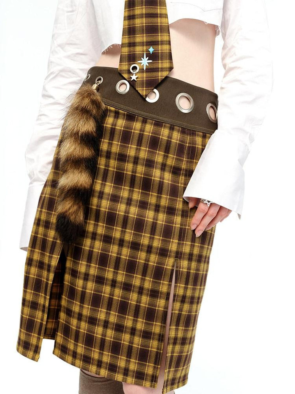 NextPassport MOF Plaid Contrast Leather Panel Faux Fur Pendant Women's Polyester Midi Skirts