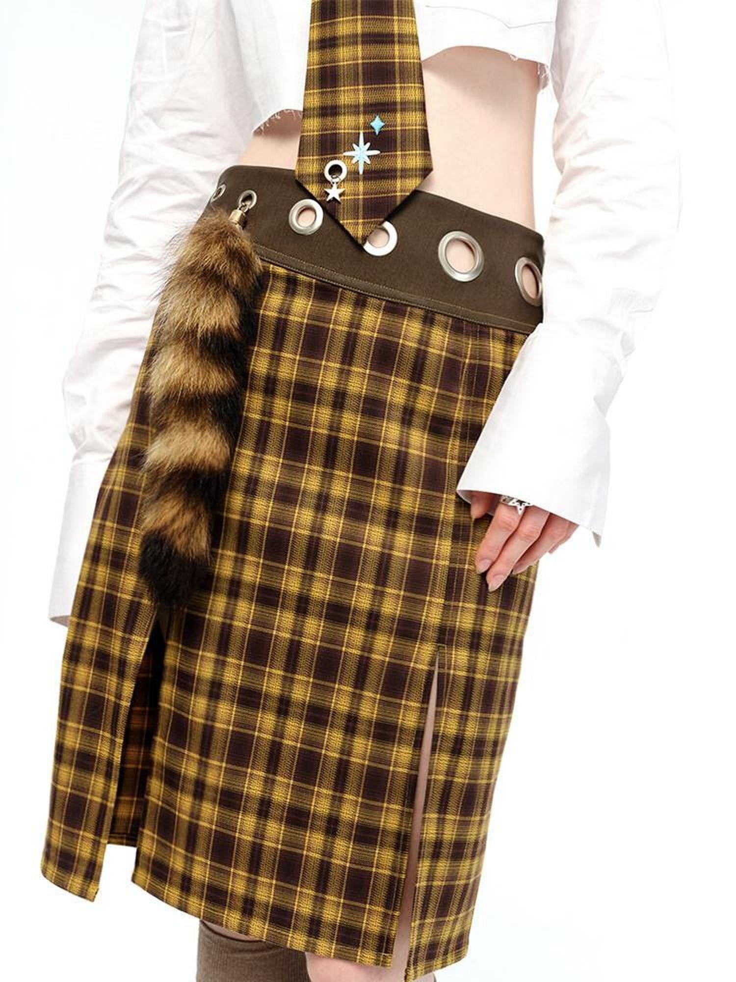NextPassport MOF Plaid Contrast Leather Panel Faux Fur Pendant Women's Polyester Midi Skirts