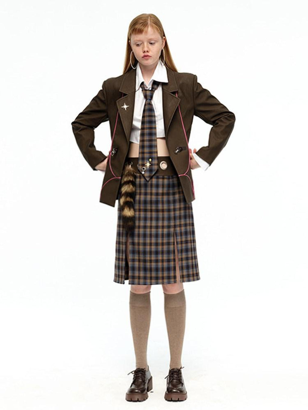 NextPassport MOF Plaid Contrast Leather Panel Faux Fur Pendant Women's Polyester Midi Skirts