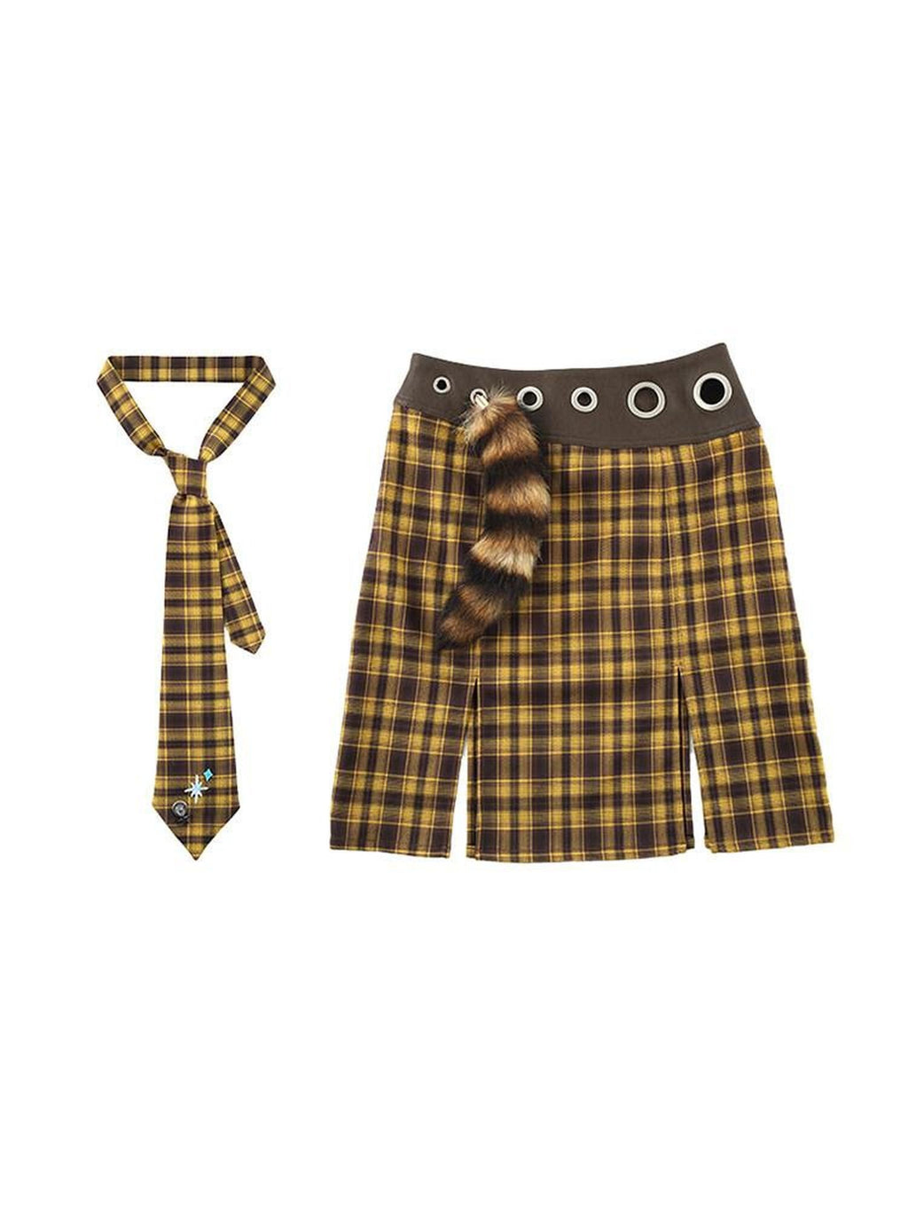 NextPassport MOF Plaid Contrast Leather Panel Faux Fur Pendant Women's Polyester Midi Skirts