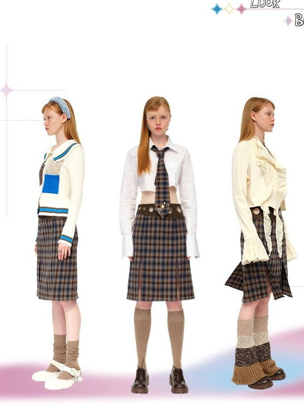NextPassport MOF Plaid Contrast Leather Panel Faux Fur Pendant Women's Polyester Midi Skirts