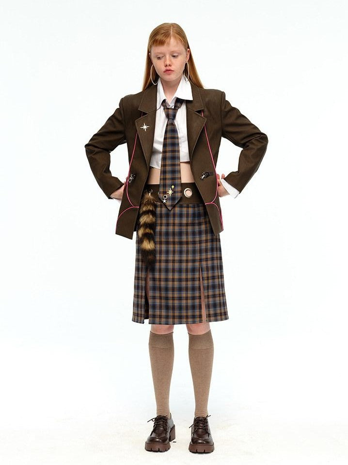NextPassport MOF Plaid Contrast Leather Panel Faux Fur Pendant Women's Polyester Midi Skirts
