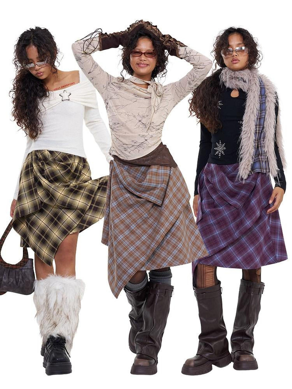 NextPassport MOF Plaid Patchwork Asymmetric Convertible Women's Cotton Blend Midi Skirts
