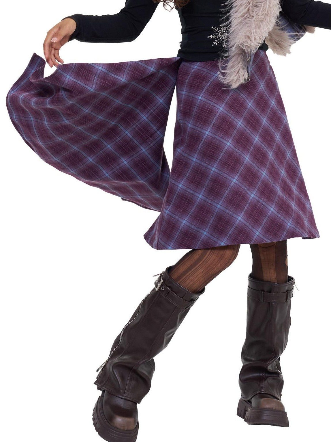 NextPassport MOF Plaid Patchwork Asymmetric Convertible Women's Cotton Blend Midi Skirts