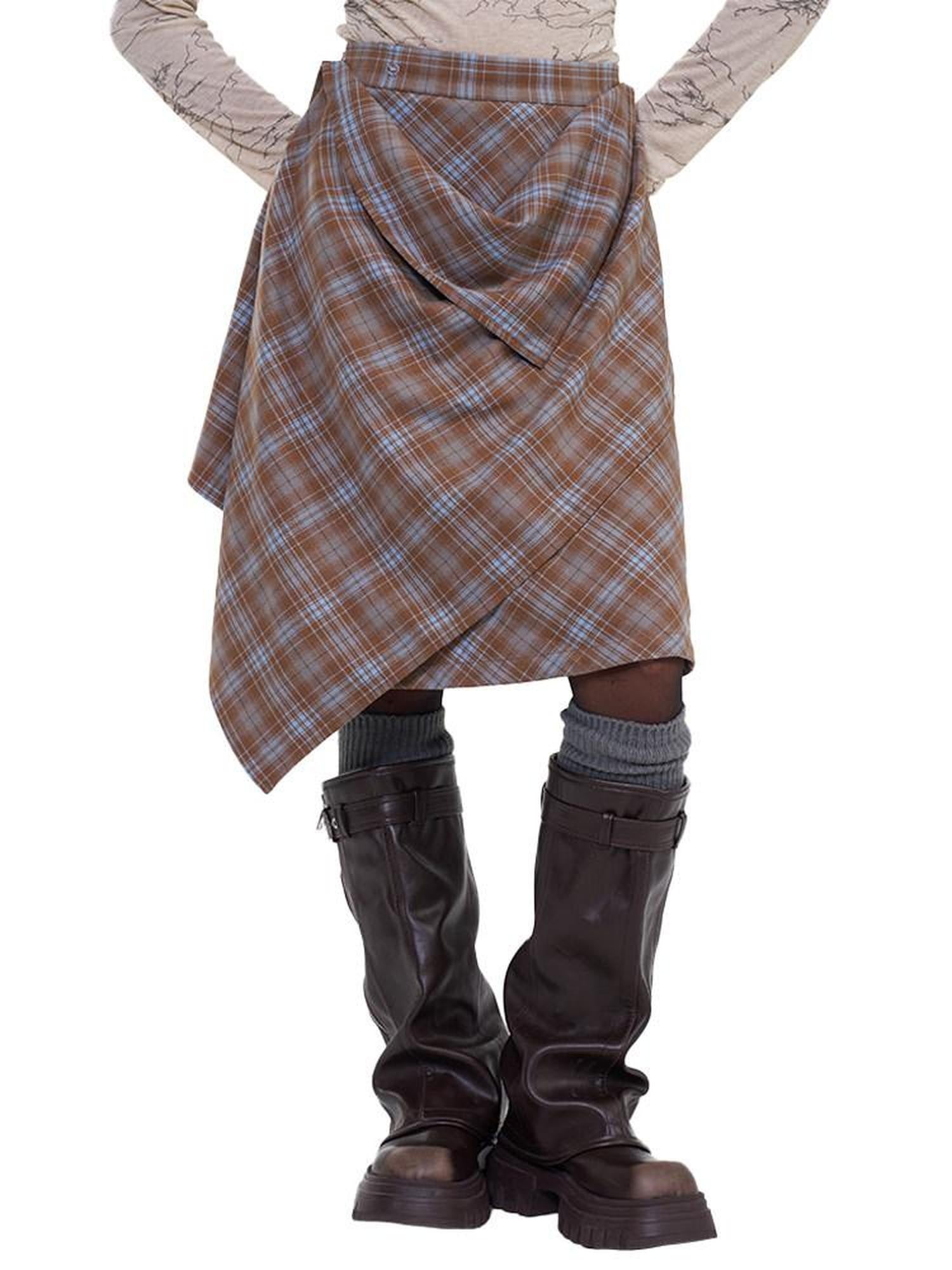 NextPassport MOF Plaid Patchwork Asymmetric Convertible Women's Cotton Blend Midi Skirts