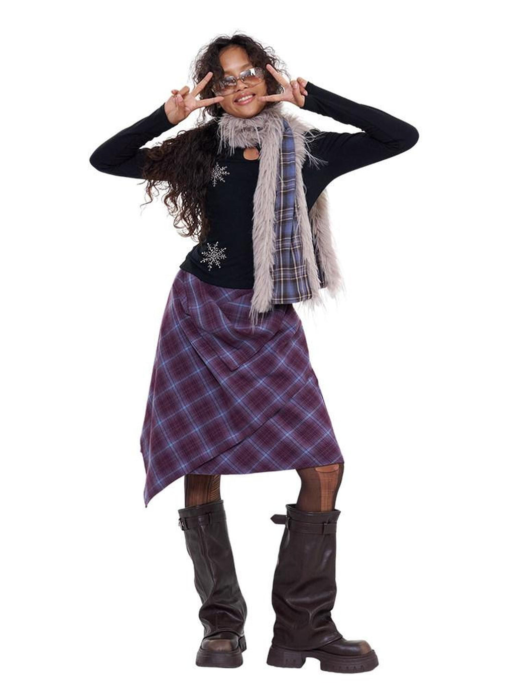 NextPassport MOF Plaid Patchwork Asymmetric Convertible Women's Cotton Blend Midi Skirts