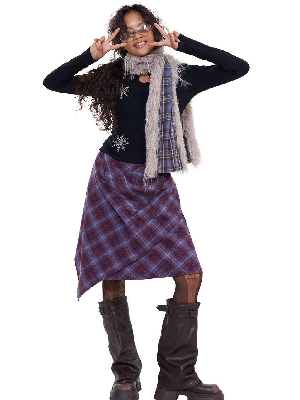 NextPassport MOF Plaid Patchwork Asymmetric Convertible Women's Cotton Blend Midi Skirts
