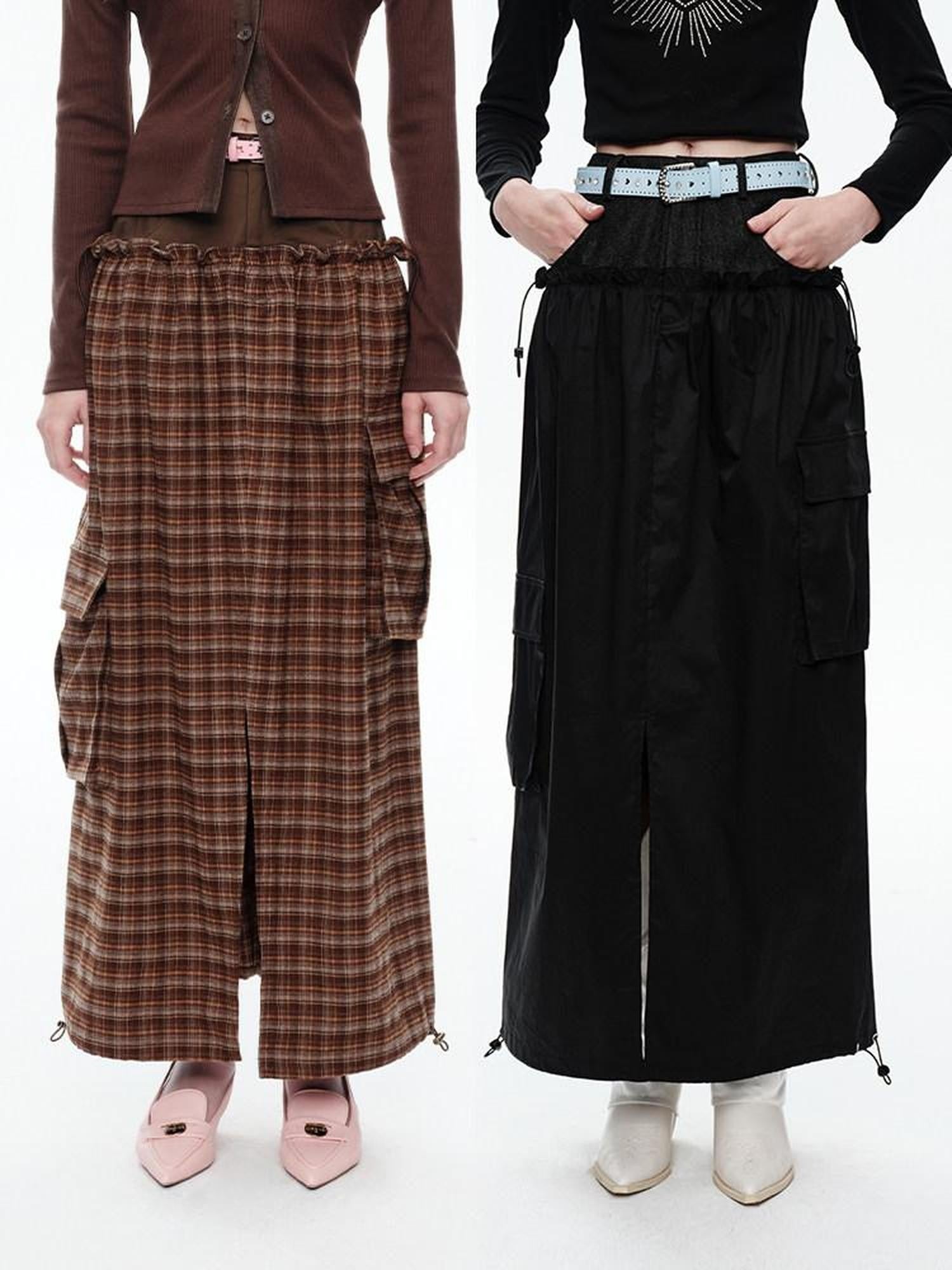 NextPassport MOF Plaid Patchwork Faux Two Piece High Waist H Line Women's Maxi Skirts