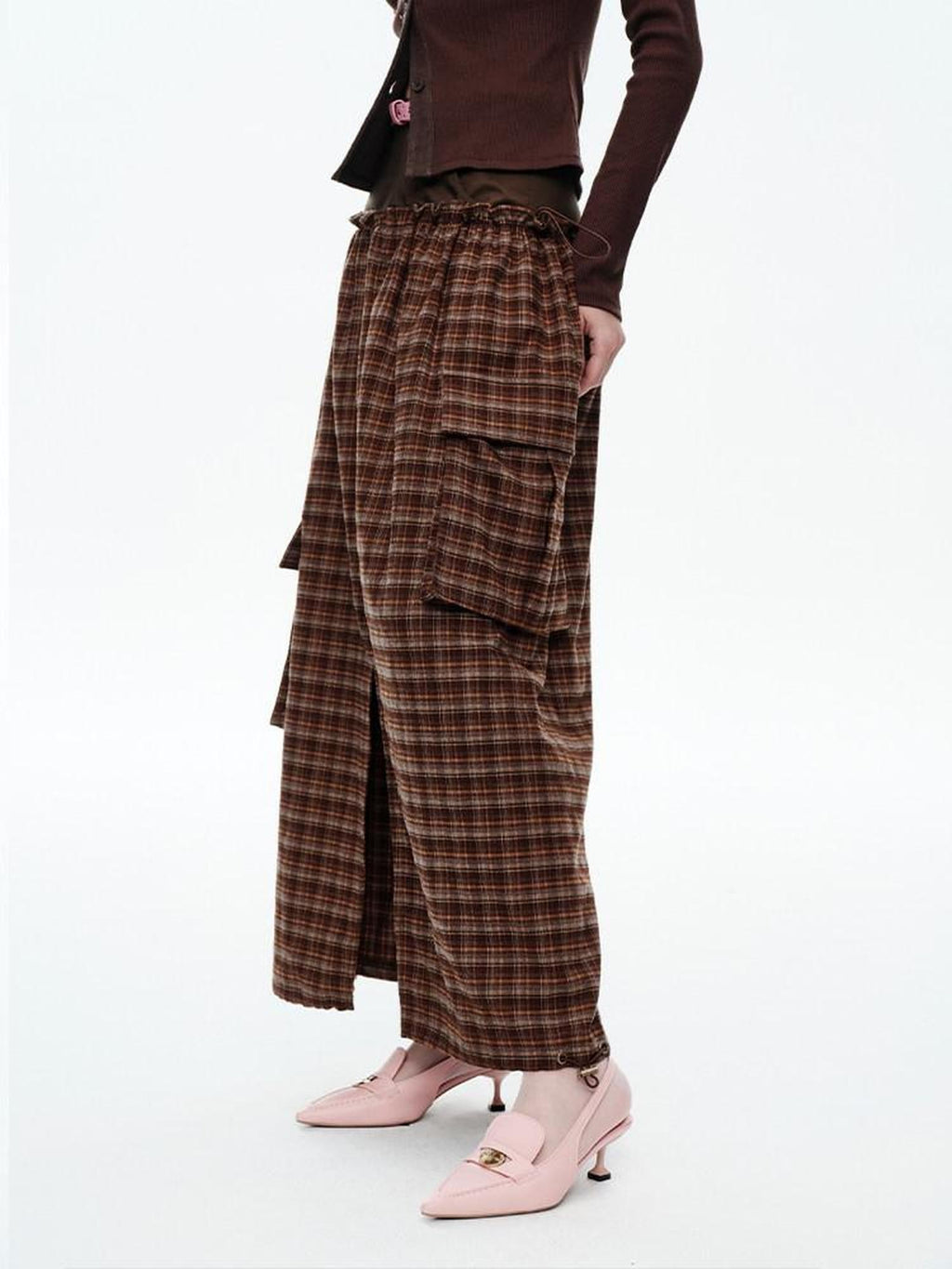 NextPassport MOF Plaid Patchwork Faux Two Piece High Waist H Line Women's Maxi Skirts