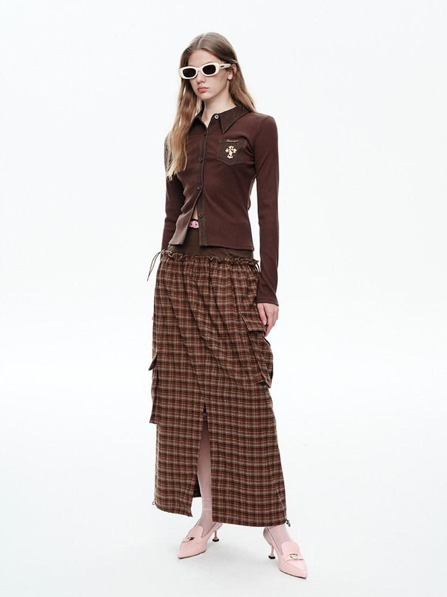 NextPassport MOF Plaid Patchwork Faux Two Piece High Waist H Line Women's Maxi Skirts