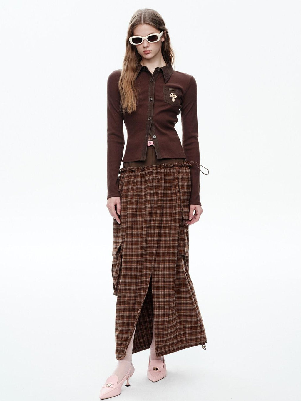 NextPassport MOF Plaid Patchwork Faux Two Piece High Waist H Line Women's Maxi Skirts