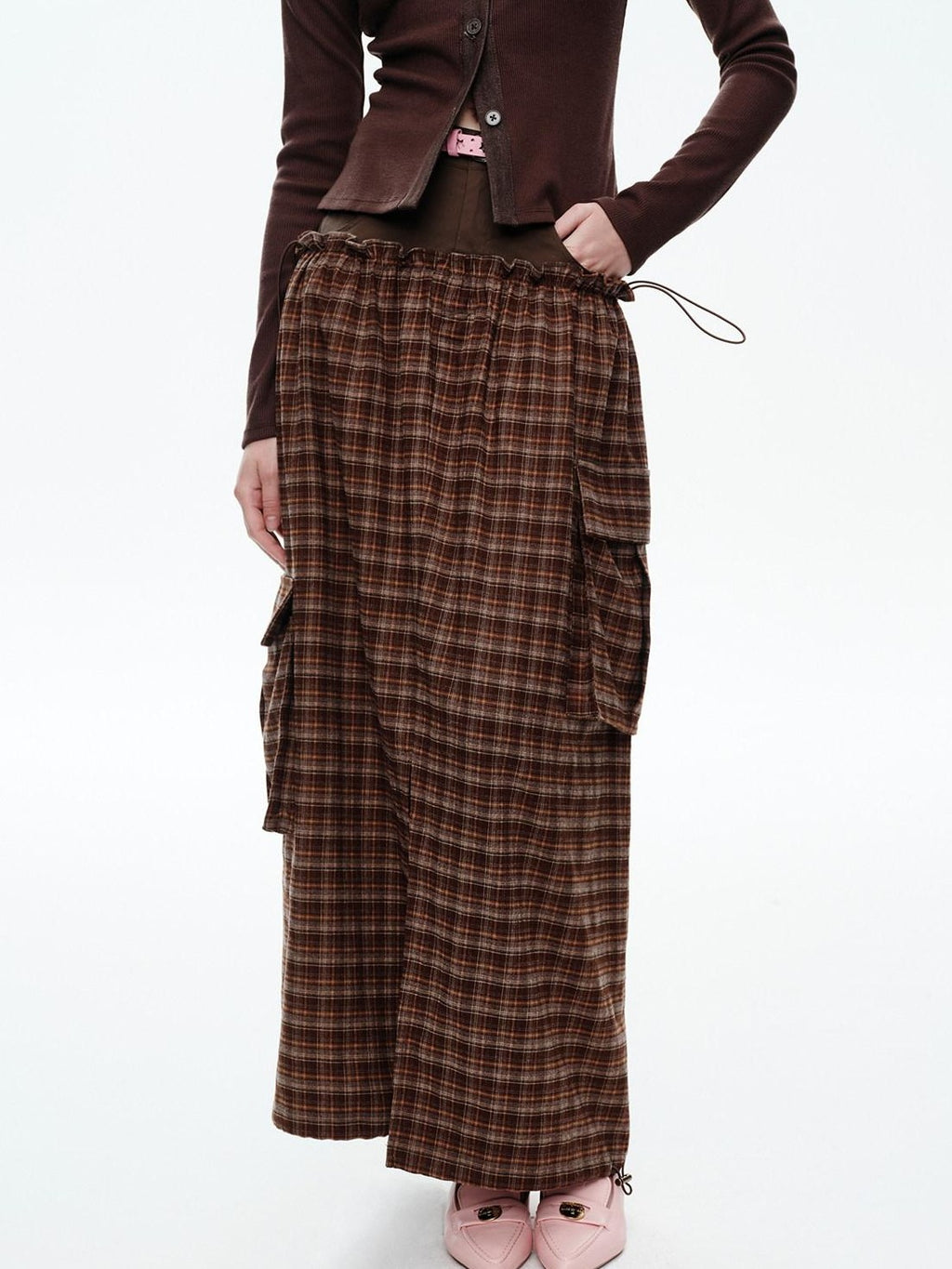 NextPassport MOF Plaid Patchwork Faux Two Piece High Waist H Line Women's Maxi Skirts