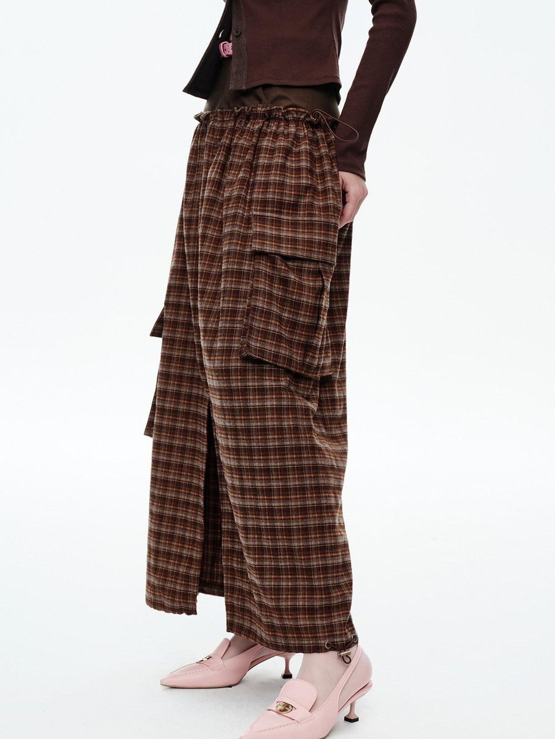 NextPassport MOF Plaid Patchwork Faux Two Piece High Waist H Line Women's Maxi Skirts