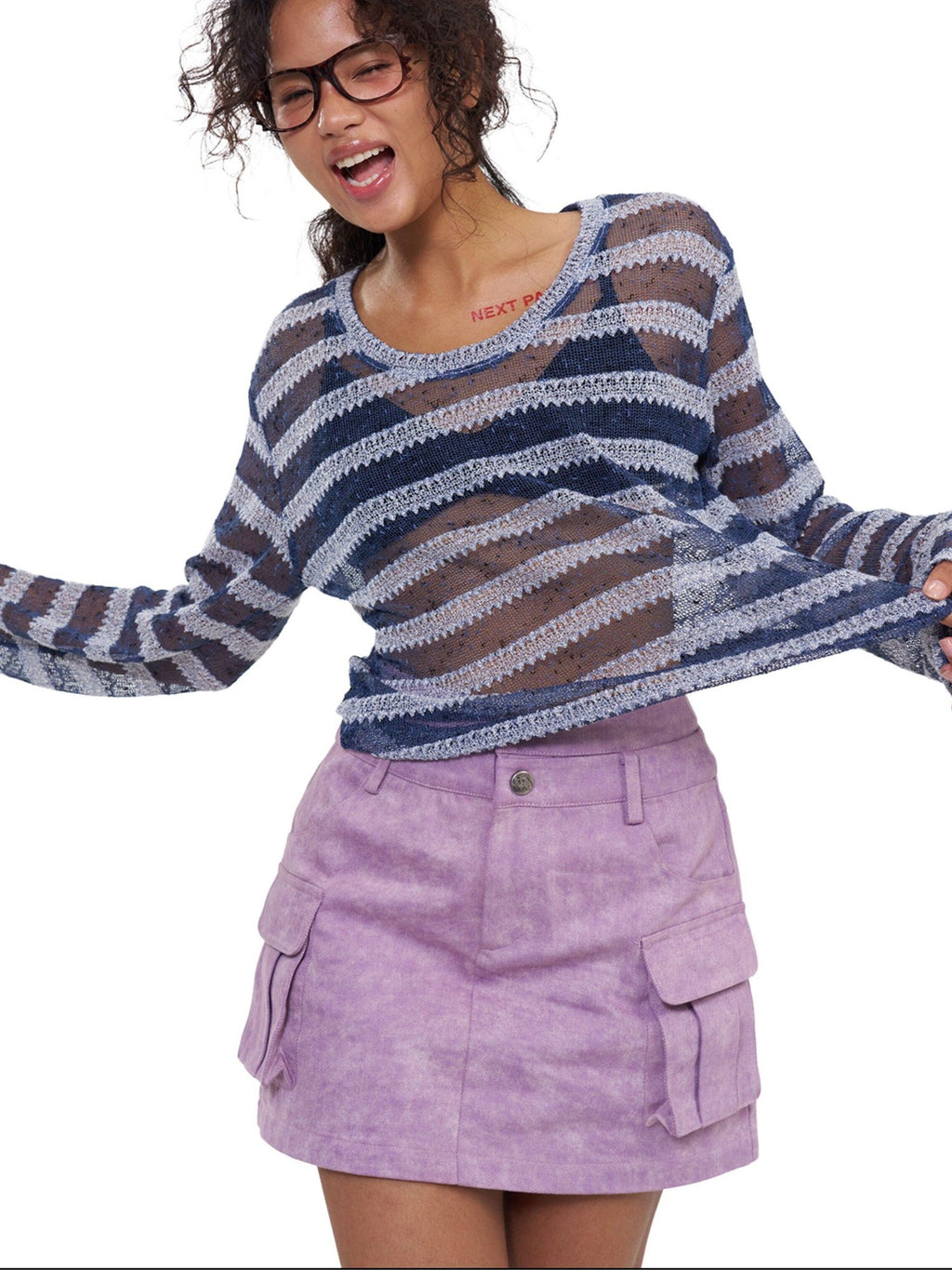 NextPassport MOF Purple Pleated Double Waistband Pockets Mid Waist Women's Cotton Mini Skirts