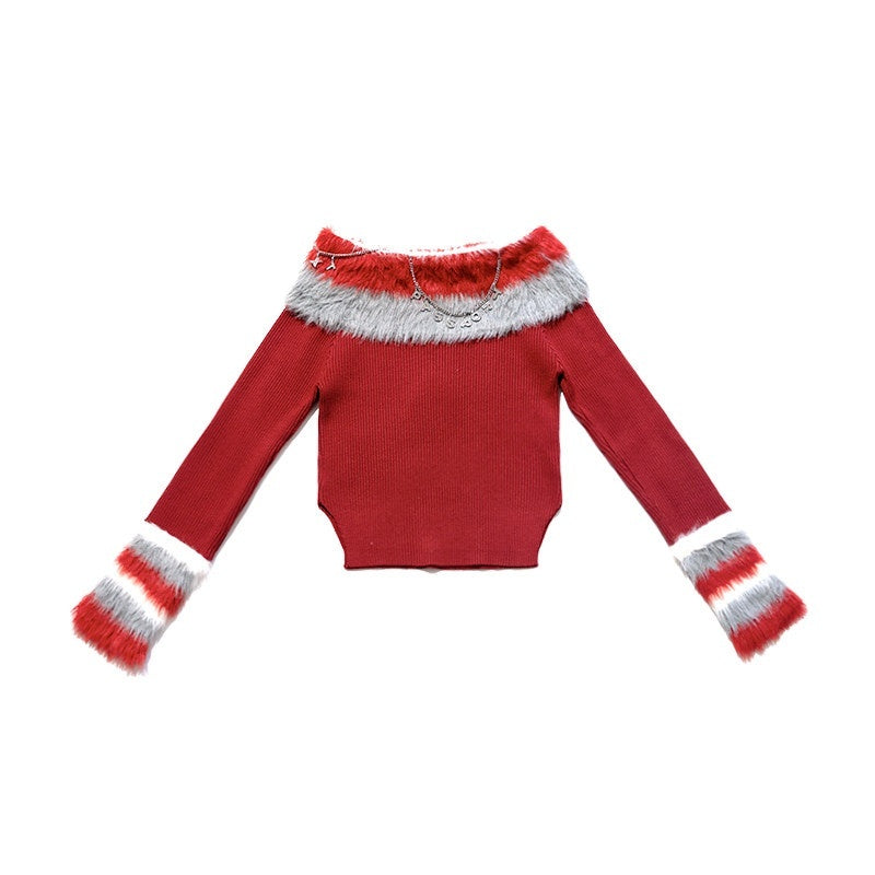 NextPassport_MOF_Red_Convertible_Fur_Collar_Boat_Neck_Women's_Viscose_Off-shoulder_Sweaters_884024706701_MISSTT