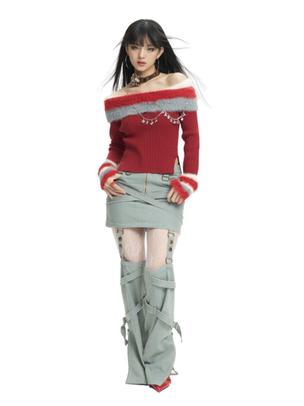 NextPassport MOF Red Convertible Fur Collar Boat Neck Women's Viscose Off-shoulder Sweaters