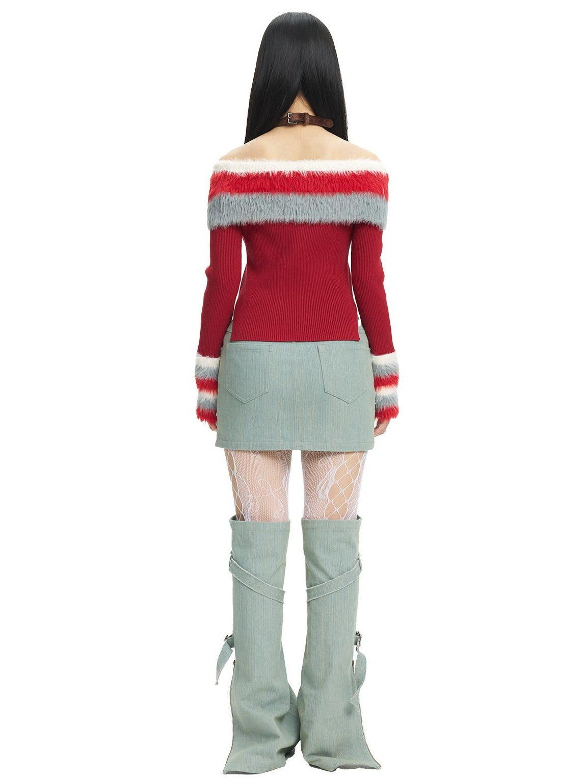 NextPassport MOF Red Convertible Fur Collar Boat Neck Women's Viscose Off-shoulder Sweaters