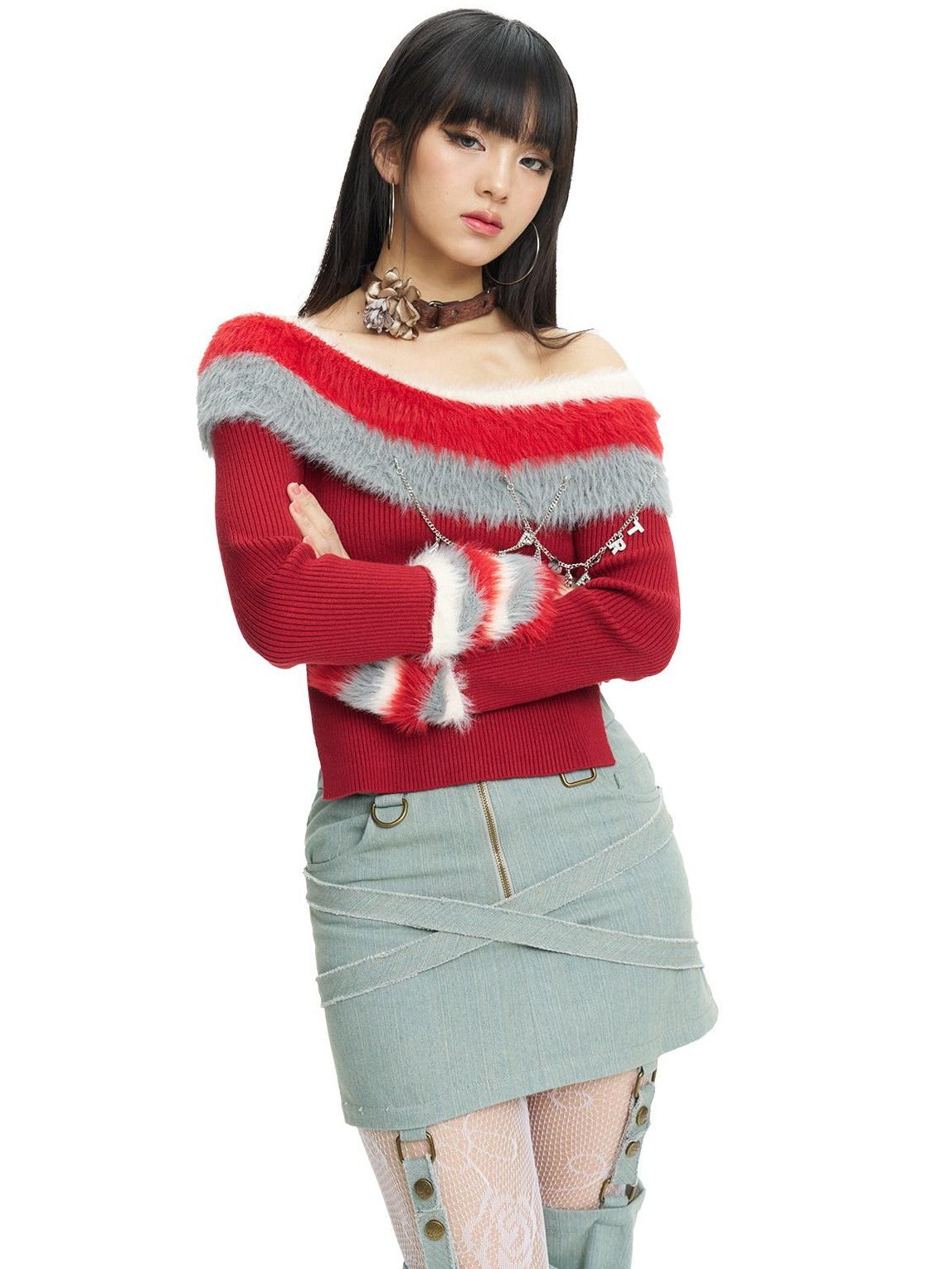 NextPassport MOF Red Convertible Fur Collar Boat Neck Women's Viscose Off-shoulder Sweaters