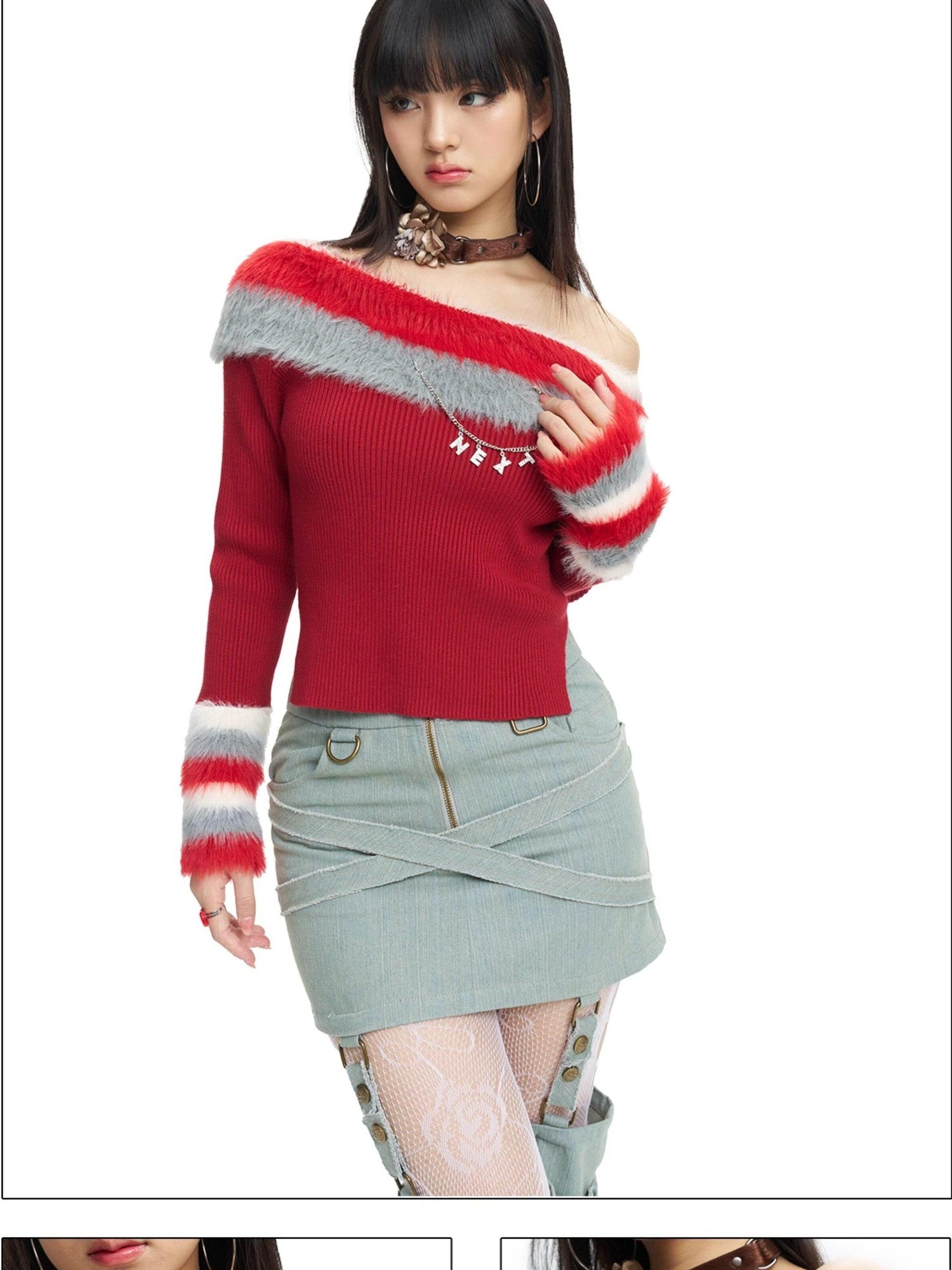NextPassport MOF Red Convertible Fur Collar Boat Neck Women's Viscose Off-shoulder Sweaters