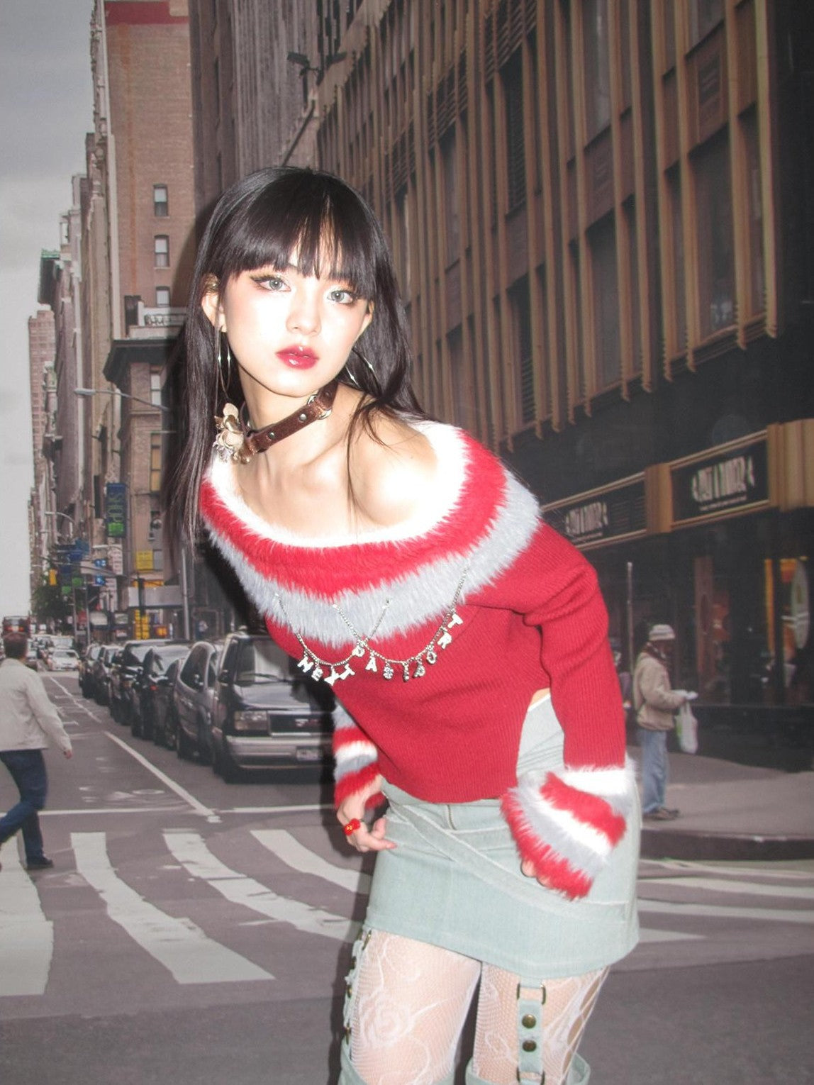 NextPassport MOF Red Convertible Fur Collar Boat Neck Women's Viscose Off-shoulder Sweaters