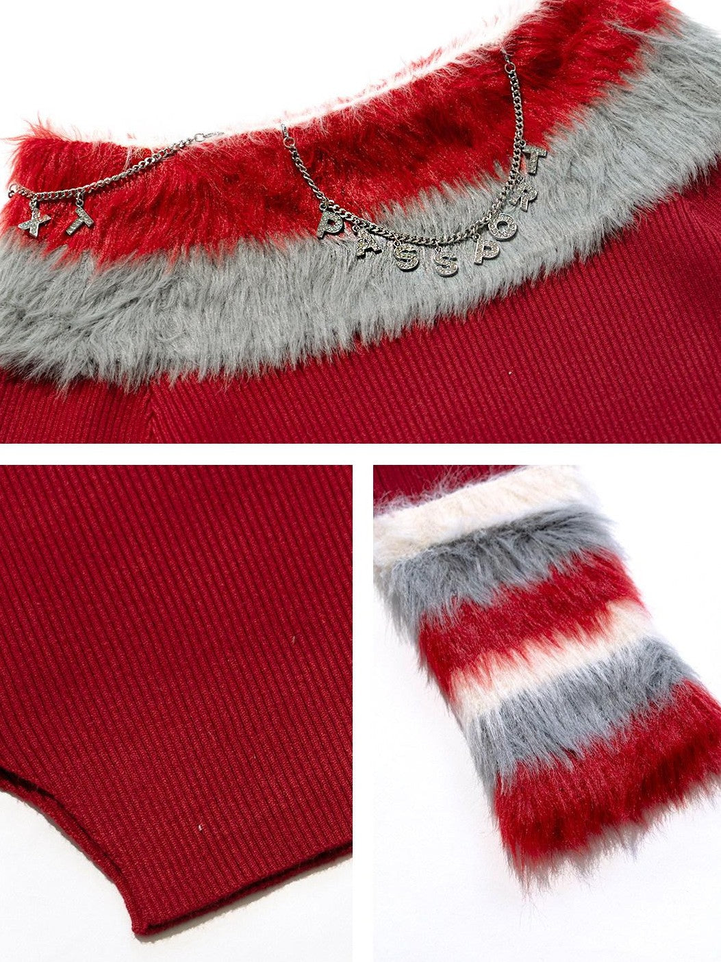 NextPassport MOF Red Convertible Fur Collar Boat Neck Women's Viscose Off-shoulder Sweaters