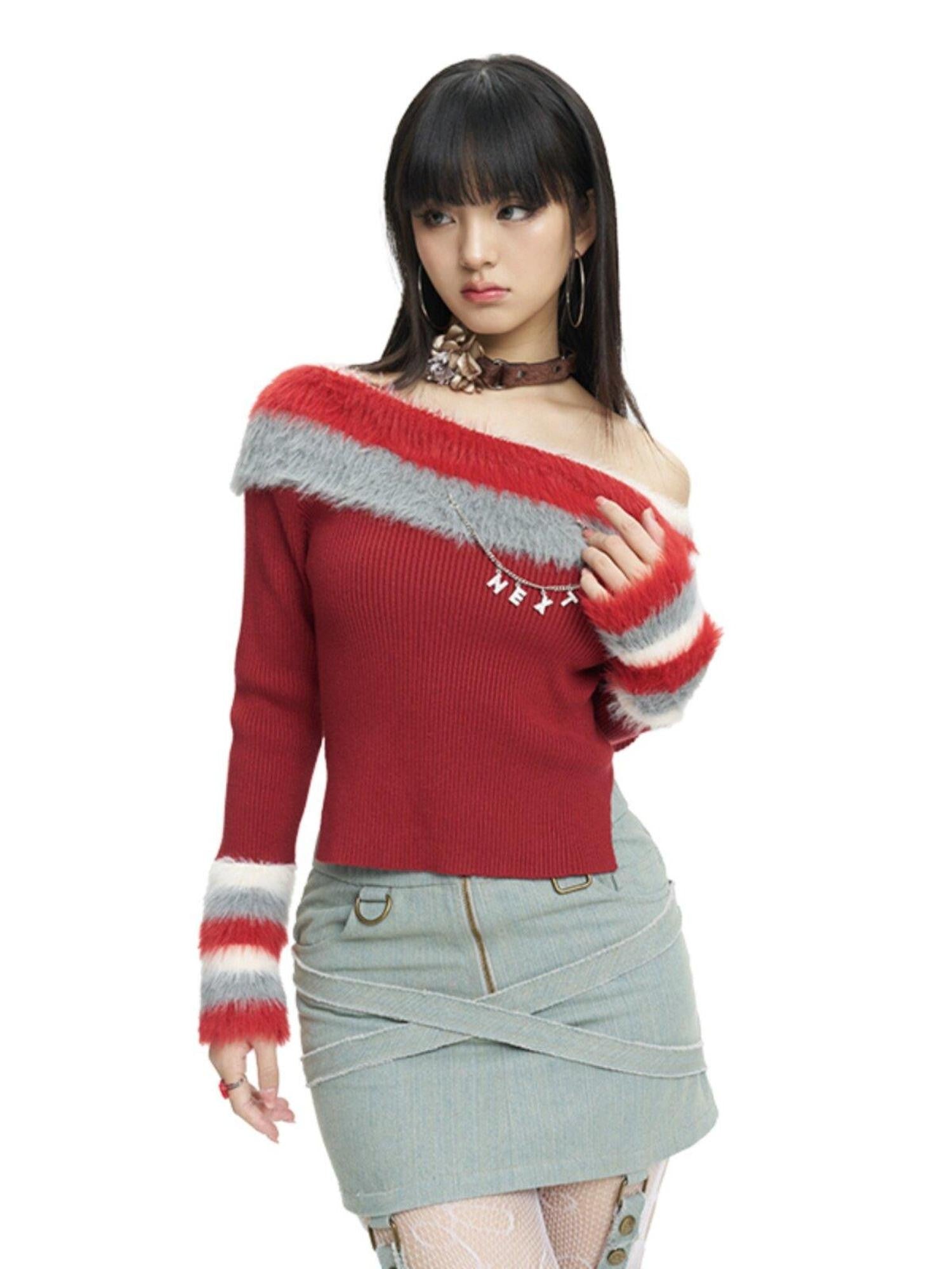 NextPassport MOF Red Convertible Fur Collar Boat Neck Women's Viscose Off-shoulder Sweaters